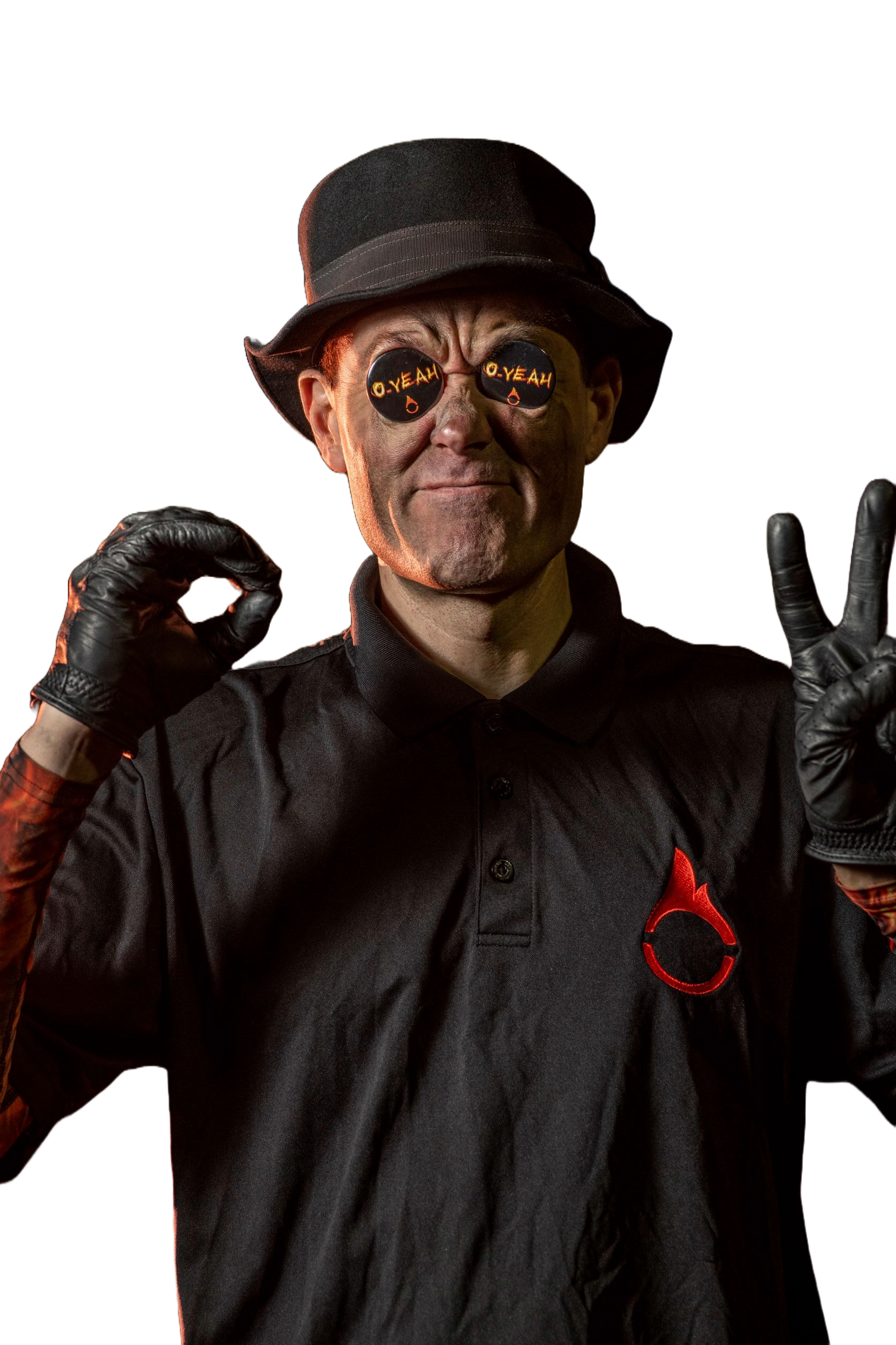 FireGuy giving the 'Oh Yea' sign with his hands while he has 'Oh Yea' coins trapped in his eyes with a big smile.