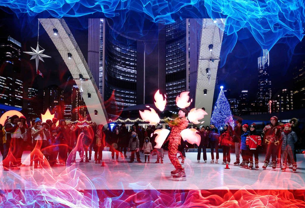 FireGuy doing a show in Toronto on the outdoor skating rink, showing off his LED spinner flames.