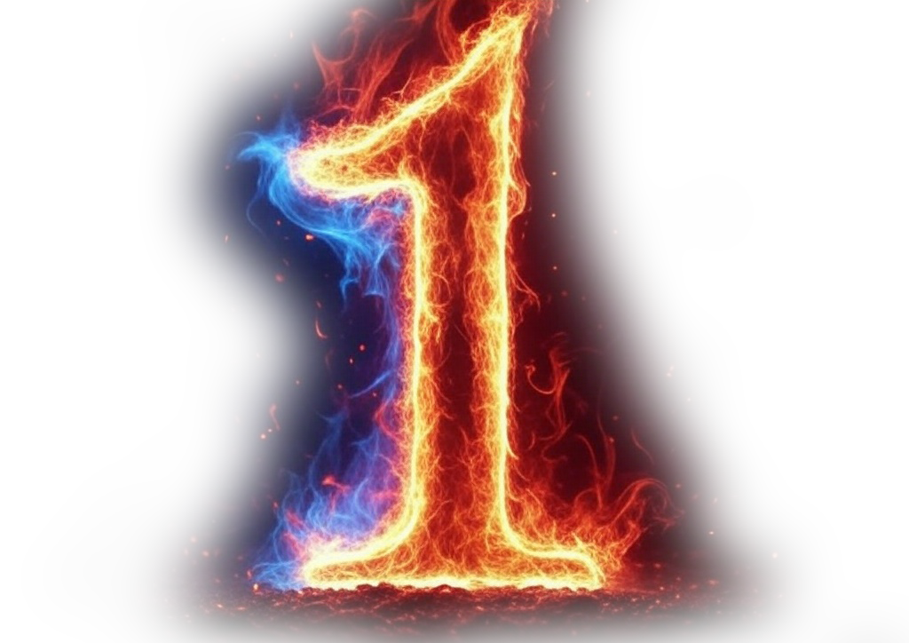 Number 1 set on fire with red and blue flames on a clear background.