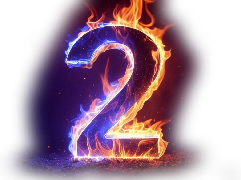 Number 2 set on fire with red and blue flames on a clear background.