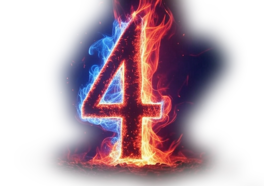 Number 4 set on fire with red and blue flames.