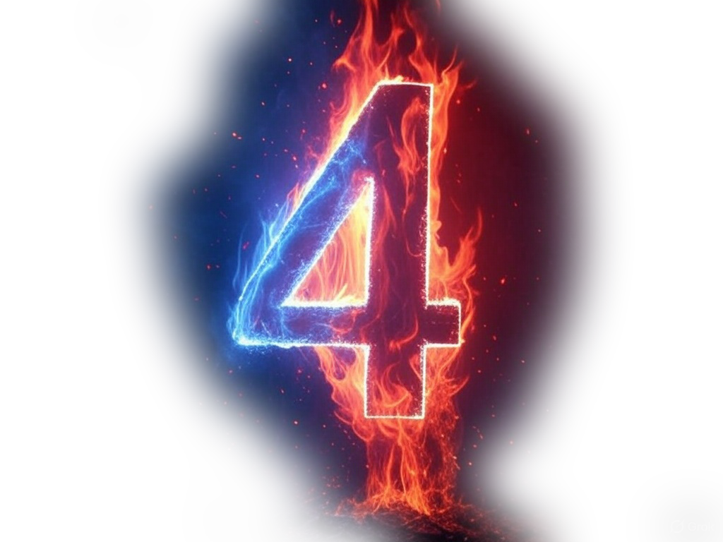 Number 4 set on fire with red and blue flames on a clear background.