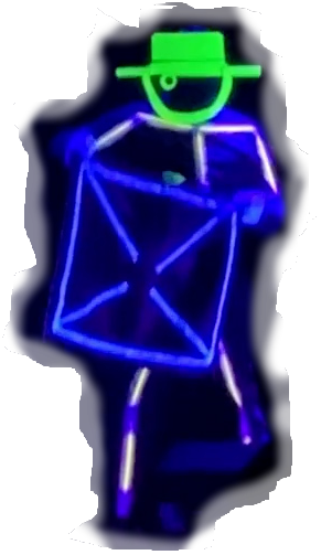 GlowGuy dressed up and holding a small blanket with LED outline, singled out and alone on a clear background.
